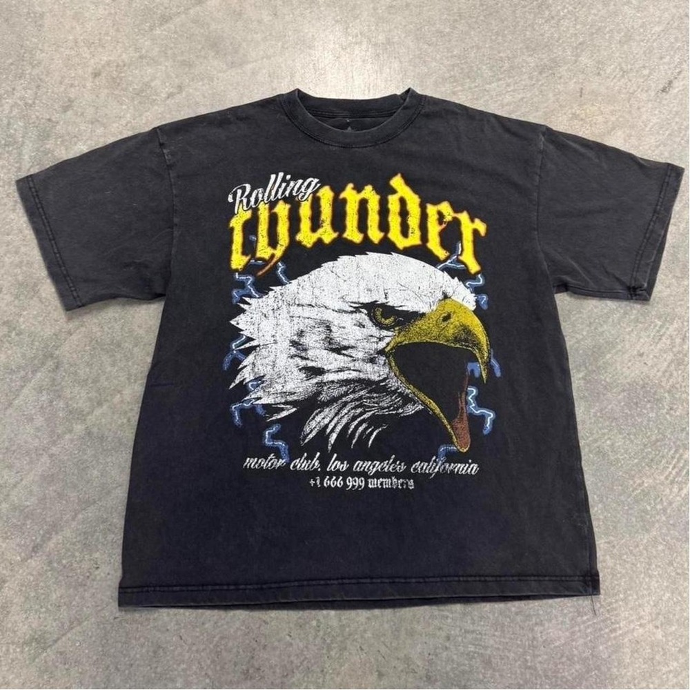 Mens Rolling Thunder T-Shirt Black Lightning Bald Eagle Short Sleeve large